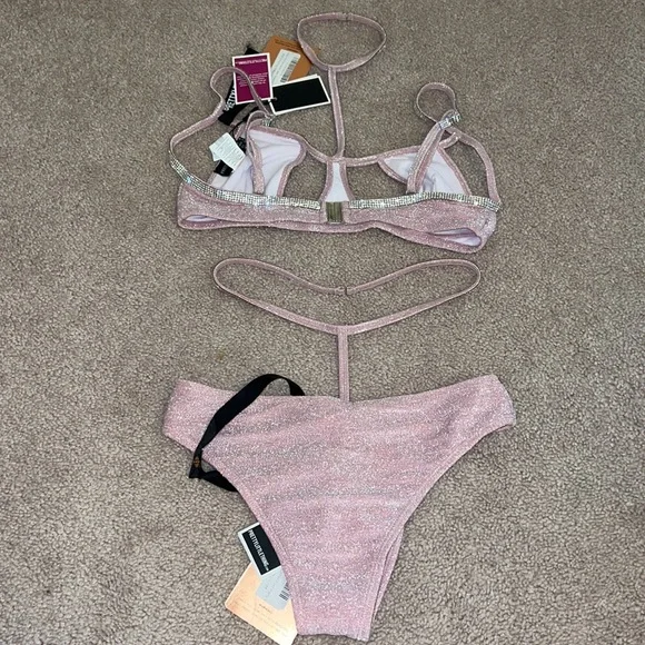 Pretty little thing baby pink diamanté glitter pool party bikini set - Picture 6 of 13